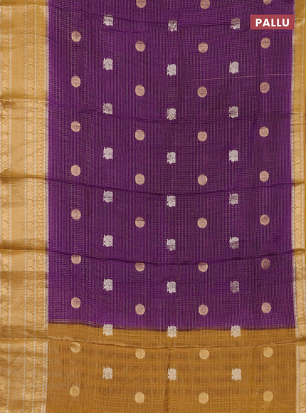 Semi mysore silk saree purple and dark mustard with allover small zari checks & buttas and long zari woven border