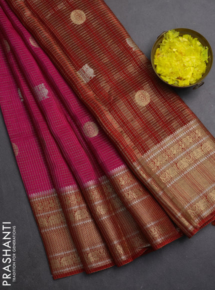 Semi mysore silk saree pink and orange with allover small zari checks & buttas and long zari woven border