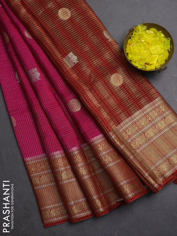 Semi mysore silk saree pink and orange with allover small zari checks & buttas and long zari woven border