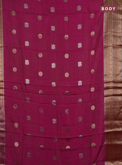 Semi mysore silk saree pink and orange with allover small zari checks & buttas and long zari woven border