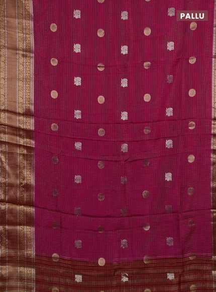 Semi mysore silk saree pink and orange with allover small zari checks & buttas and long zari woven border
