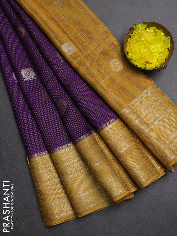 Semi mysore silk saree violet and mustard yellow with allover small zari checks & buttas and long zari woven border