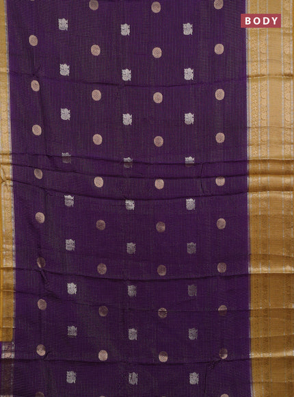 Semi mysore silk saree violet and mustard yellow with allover small zari checks & buttas and long zari woven border