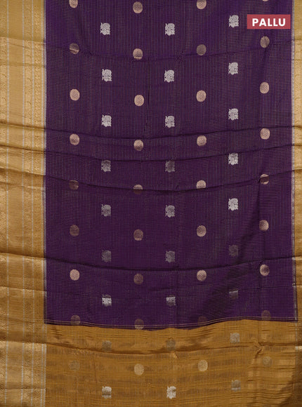 Semi mysore silk saree violet and mustard yellow with allover small zari checks & buttas and long zari woven border