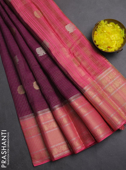 Semi mysore silk saree wine shade and pink with allover small zari checks & buttas and long zari woven border