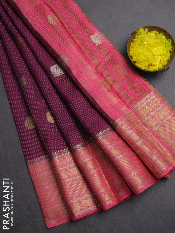 Semi mysore silk saree wine shade and pink with allover small zari checks & buttas and long zari woven border