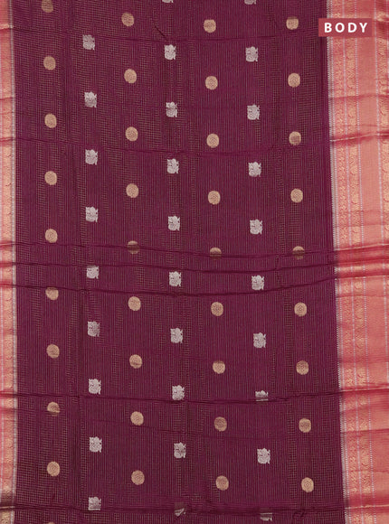 Semi mysore silk saree wine shade and pink with allover small zari checks & buttas and long zari woven border