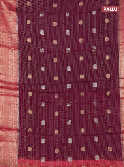 Semi mysore silk saree wine shade and pink with allover small zari checks & buttas and long zari woven border