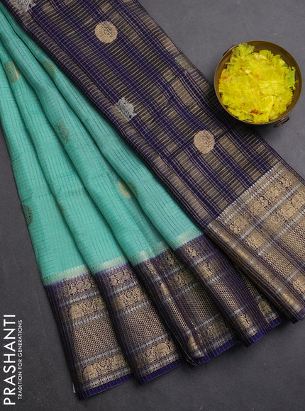 Semi mysore silk saree teal green shade and navy blue with allover small zari checks & buttas and long zari woven border