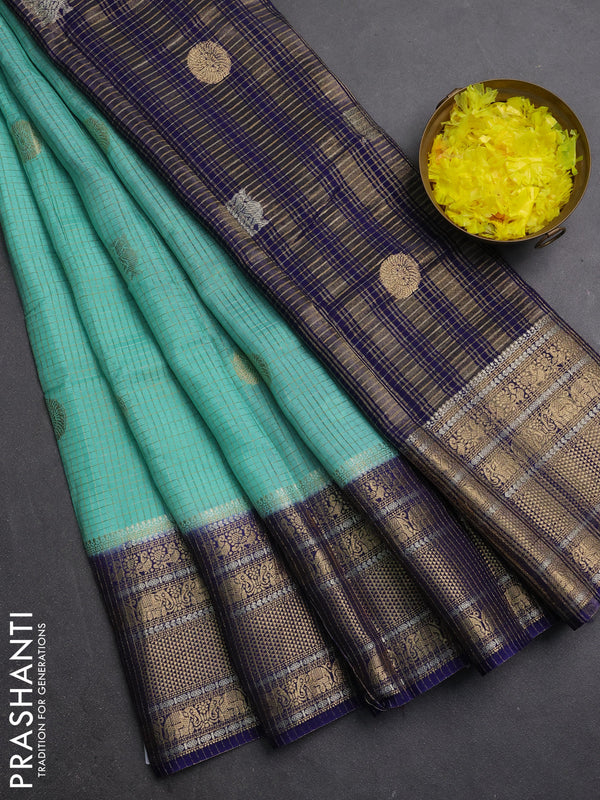 Semi mysore silk saree teal green shade and navy blue with allover small zari checks & buttas and long zari woven border