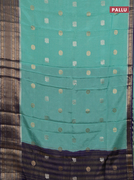 Semi mysore silk saree teal green shade and navy blue with allover small zari checks & buttas and long zari woven border