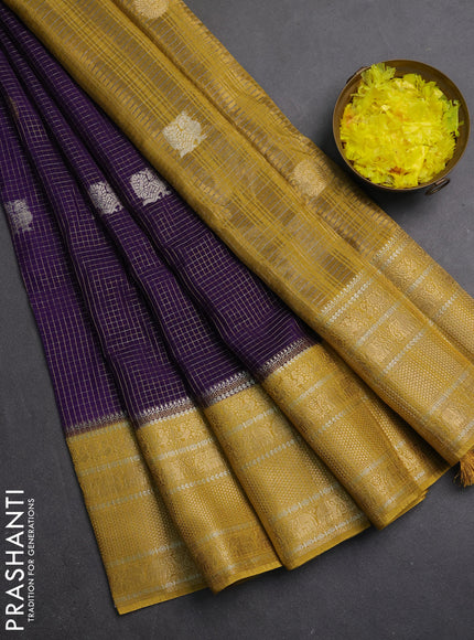Semi mysore silk saree purple and mustard yellow with allover small zari checks & buttas and long zari woven border