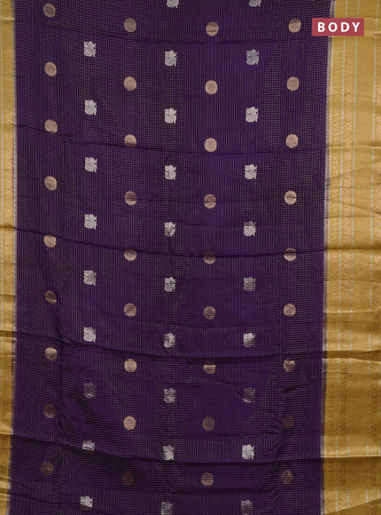 Semi mysore silk saree purple and mustard yellow with allover small zari checks & buttas and long zari woven border
