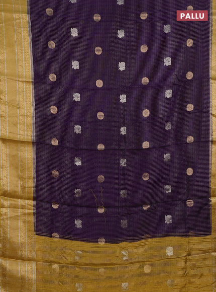 Semi mysore silk saree purple and mustard yellow with allover small zari checks & buttas and long zari woven border