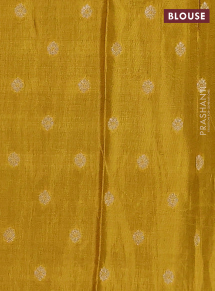 Semi mysore silk saree purple and mustard yellow with allover small zari checks & buttas and long zari woven border