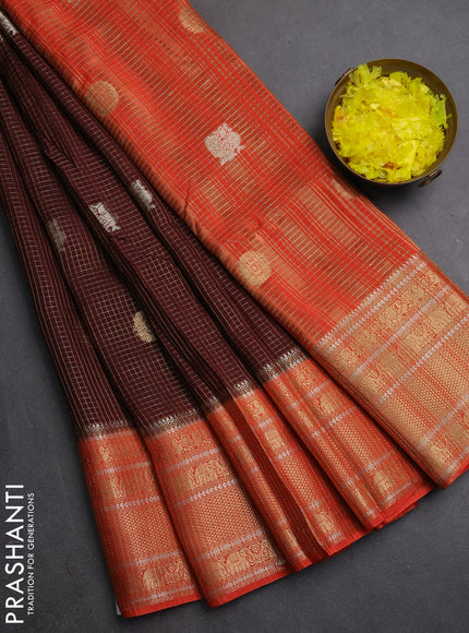Semi mysore silk saree coffee brown and orange with allover small zari checks & buttas and long zari woven border