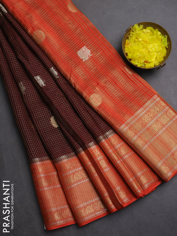 Semi mysore silk saree coffee brown and orange with allover small zari checks & buttas and long zari woven border