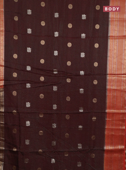 Semi mysore silk saree coffee brown and orange with allover small zari checks & buttas and long zari woven border