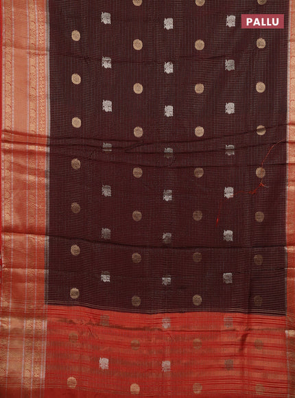 Semi mysore silk saree coffee brown and orange with allover small zari checks & buttas and long zari woven border