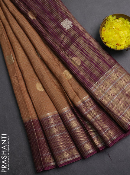 Semi mysore silk saree dark sandal and wine shade with allover small zari checks & buttas and long zari woven border