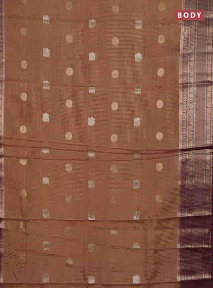 Semi mysore silk saree dark sandal and wine shade with allover small zari checks & buttas and long zari woven border
