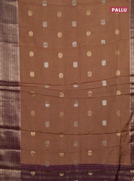 Semi mysore silk saree dark sandal and wine shade with allover small zari checks & buttas and long zari woven border
