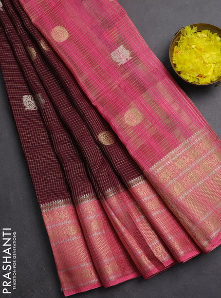 Semi mysore silk saree deep maroon and pink with allover small zari checks & buttas and long zari woven border