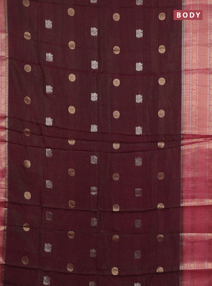 Semi mysore silk saree deep maroon and pink with allover small zari checks & buttas and long zari woven border