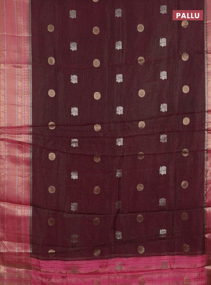 Semi mysore silk saree deep maroon and pink with allover small zari checks & buttas and long zari woven border