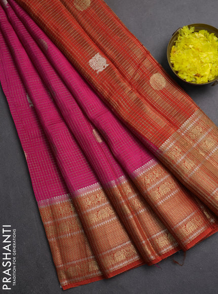 Semi mysore silk saree pink and orange with allover small zari checks & buttas and long zari woven border