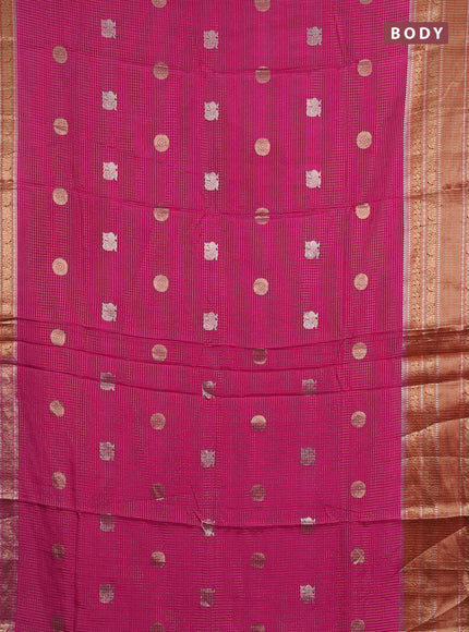Semi mysore silk saree pink and orange with allover small zari checks & buttas and long zari woven border