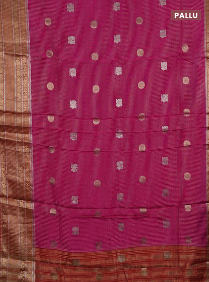 Semi mysore silk saree pink and orange with allover small zari checks & buttas and long zari woven border