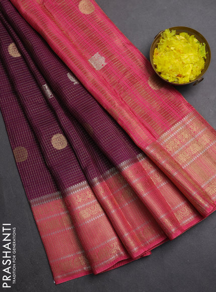 Semi mysore silk saree wine shade and pink with allover small zari checks & buttas and long zari woven border