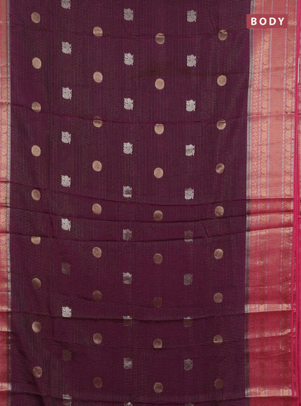 Semi mysore silk saree wine shade and pink with allover small zari checks & buttas and long zari woven border