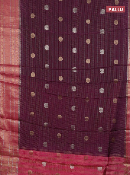Semi mysore silk saree wine shade and pink with allover small zari checks & buttas and long zari woven border