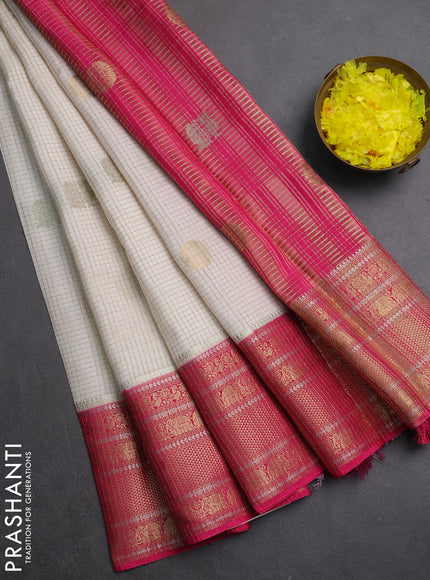 Semi mysore silk saree off white and pink with allover small zari checks & buttas and long zari woven border