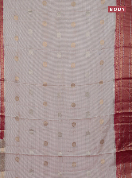 Semi mysore silk saree off white and pink with allover small zari checks & buttas and long zari woven border