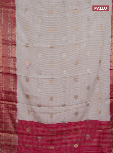 Semi mysore silk saree off white and pink with allover small zari checks & buttas and long zari woven border