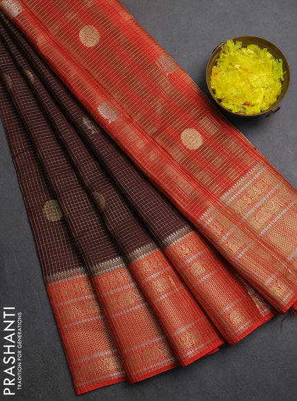 Semi mysore silk saree coffee brown and orange with allover small zari checks & buttas and long zari woven border