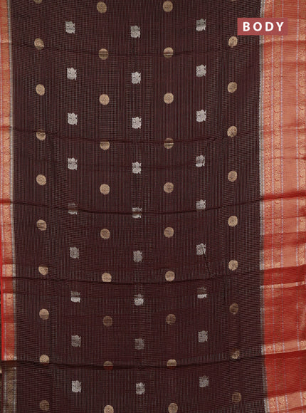 Semi mysore silk saree coffee brown and orange with allover small zari checks & buttas and long zari woven border