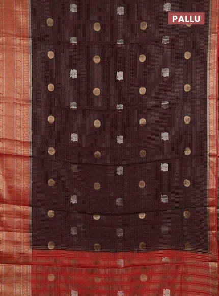 Semi mysore silk saree coffee brown and orange with allover small zari checks & buttas and long zari woven border