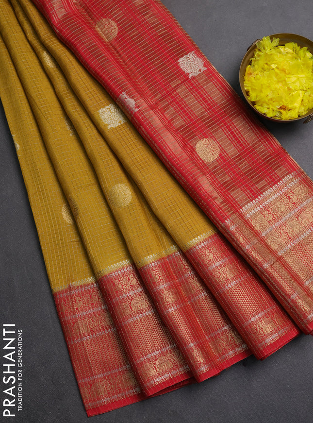Semi mysore silk saree mustard yellow and red with allover small zari checks & buttas and long zari woven border