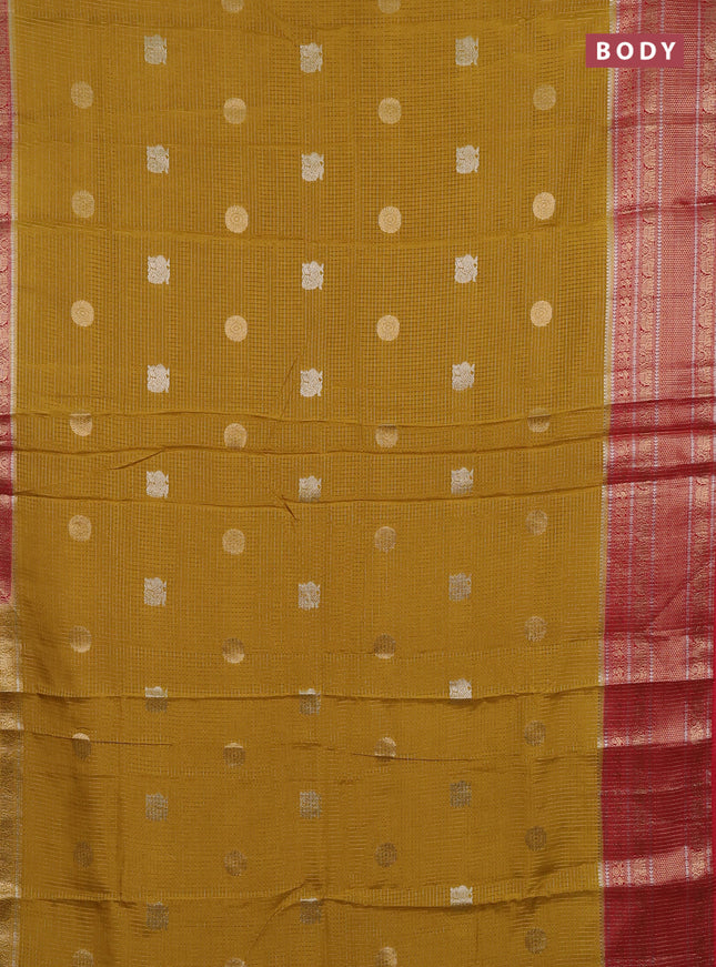 Semi mysore silk saree mustard yellow and red with allover small zari checks & buttas and long zari woven border