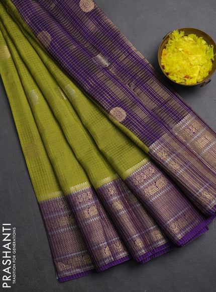 Semi mysore silk saree light green and violet with allover small zari checks & buttas and long zari woven border