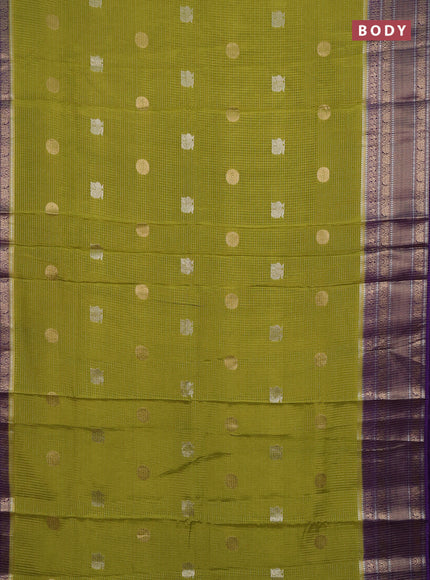 Semi mysore silk saree light green and violet with allover small zari checks & buttas and long zari woven border