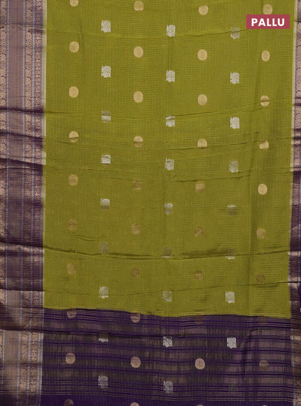 Semi mysore silk saree light green and violet with allover small zari checks & buttas and long zari woven border