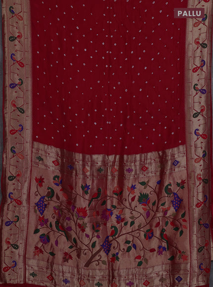 Dola silk saree red with allover bandhani prints and paithani border