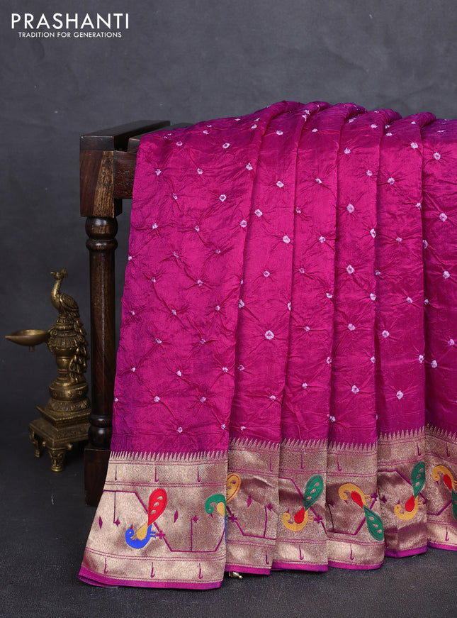 Dola silk saree pink with allover bandhani prints and paithani border