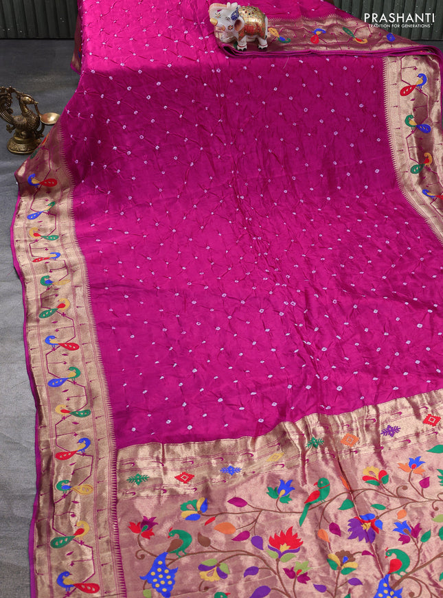 Dola silk saree pink with allover bandhani prints and paithani border