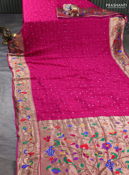 Dola silk saree pink with allover bandhani prints and paithani border